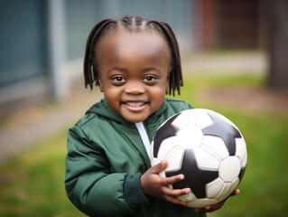 Wall Mural - A child with Down syndrome plays with a leather ball