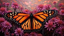 A Close-up Of A Monarch Butterfly Resting On A Bed Of Pink Wildflowers. The Butterfly's Wings Are Detailed With Intricate Patterns Of Orange And Black.