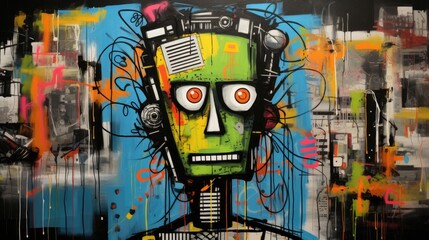 Poster - Illustration of urban street art painting on wall graffiti , robot and city