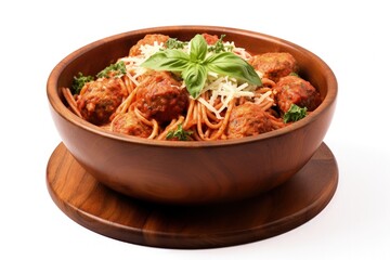 Wall Mural - Italian spaghetti with homemade meatballs parmesan and tomato sauce served in a clay bowl isolated on white