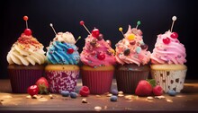 Colorful Cupcakes With Berries And Candies On A Dark Background.