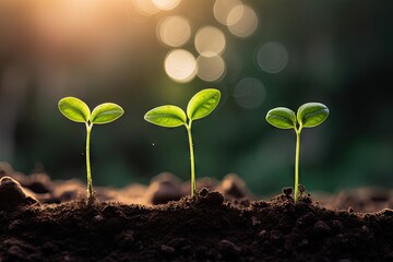 Wall Mural - Nature concept with green background growing seedling from seed in morning sunlight