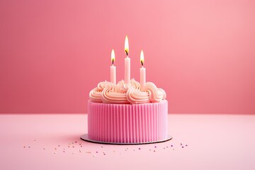 Poster - Pink cake with candle on pink surface for a birthday celebration