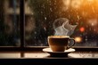 Rainy day window with steaming coffee cup