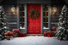 The Door Of A Private House Decorated With Christmas Decorations And A Wreath