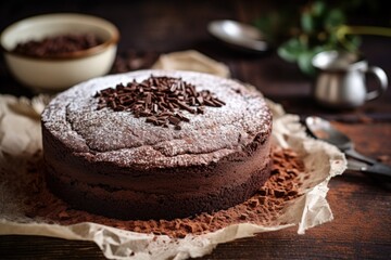 Rustic homemade chocolate cake on parchment paper