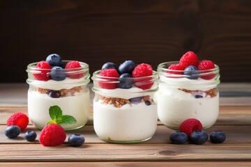 Sticker - Three jars of white yogurt with raspberries and blueberries on a wooden background