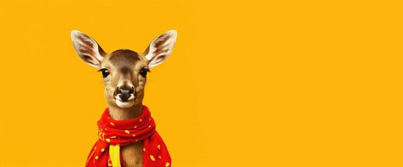 Sticker - reindeer with scarf, Merry Christmas or Happy New Year poster, panoramic layout. Generative Ai