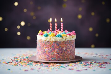 Poster - Vibrant bday cake with golden banner and descending sprinkles