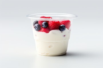 Wall Mural - White background with yogurt in plastic cup