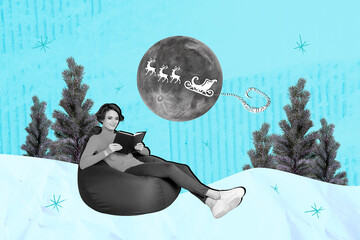 Poster - Artwork collage of peaceful black white effect girl sit beanbag read book flying reindeer carriage full moon isolated on creative blue background