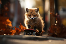 Funny Little Red Fox Drive Skateboard At Street.
