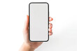 © Tetiana - Close up of hand holding modern smart phone mockup. New modern black frameless smartphone mockup with blank white screen. Isolated on white background high quality studio shot Modern smart