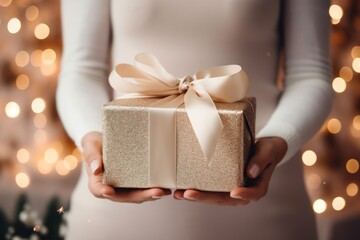 girl in dress holds a gift box while standing on blurred background. woman hands close up with bow and present box.