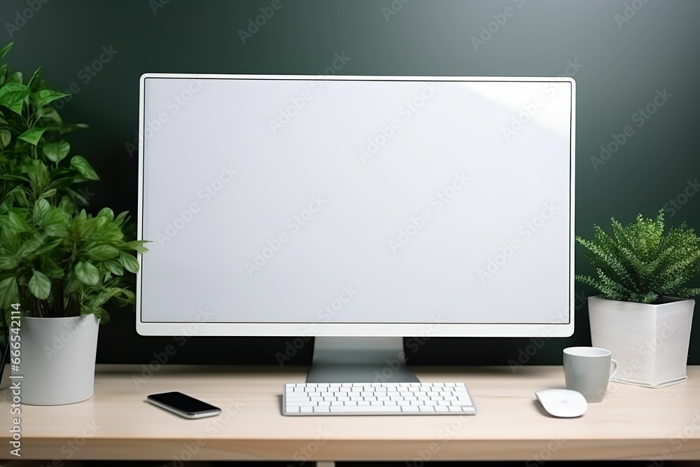 Modern personal computer with blank white screen on desk at workplace ...