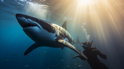 Wall Mural - Scuba diving with sharks in tropical ocean. Beautiful bright sunlight and beams.