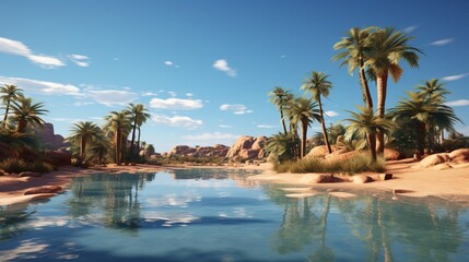 Wall Mural - a secluded desert oasis, with palm trees and a pristine, azure pool reflecting the cloudless sky, a true mirage