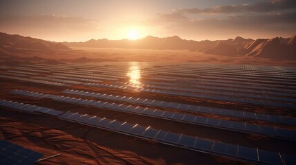 Wall Mural - A sprawling solar farm stretching across a desert landscape, capturing the last rays of a setting sun
