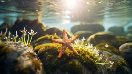 Wall Mural - Underwater shot of starfish. Beautiful nature underwater life concept.