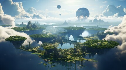 Wall Mural - A surreal landscape of floating islands, powered by advanced anti-gravitational technology