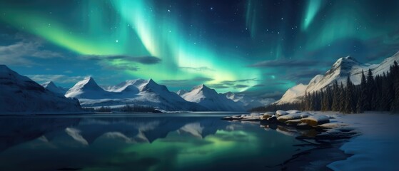 Wall Mural - Mesmerizing Magical aurora Borealis over a lake with snowcapped mountains and trees