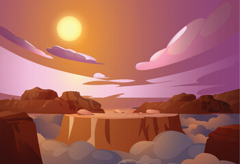 Wall Mural - Futuristic desert or alien planet landscape scenery flat vector illustration.
