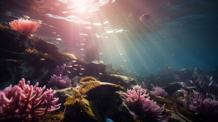 Wall Mural - Underwater scenery, sunbeams through water. Tropical coral reefs.