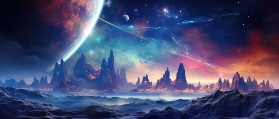 Wall Mural - fantastical landscape with a planet and a comet in the sky and a rocky terrain below wallpaper
