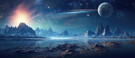 Wall Mural - fantastical landscape with a planet and a comet in the sky and a rocky terrain below wallpaper