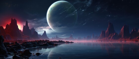 Wall Mural - fantastical landscape with a planet and a comet in the sky and a rocky terrain below wallpaper
