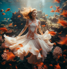 Wall Mural - Model underwater wearing dress. Calm relaxation concept. Editorial concept.