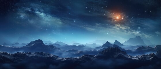 Wall Mural - beautiful night sky with a galaxy and a fantasy planet over mountains