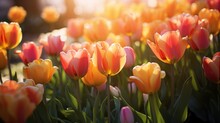 A Vibrant Bed Of Tulips Swaying Gently In The Breeze, Surrounded By Lush Greenery And Bathed In Golden Sunlight
