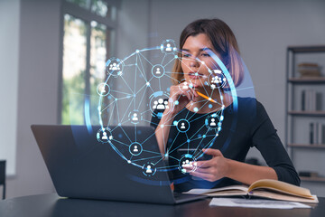 Wall Mural - pensive attractive beautiful businesswoman in formal wear working on laptop, talking phone in the of