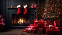 Christmas Stocking On Fireplace Background, Award Winning Fashion Magazine Cover Photo Of Christmas Tree With Red Presents