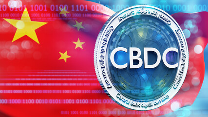 Poster - CBDC in China. Digital currency of Chinese bank. Blockchain money in China. Introduction of cryptocurrencies into PRC. CBDC coin near Chinese flag. Chinese government investment in CBDC. 3d image