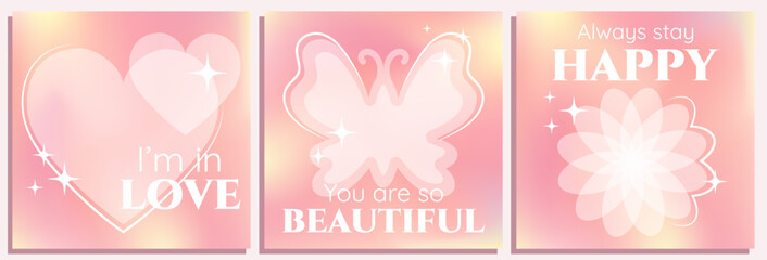 Poster - Three retro y2k Valentine Day cards with heart, butterfly and flower symbols, text, sparkles and frames on a vivid gradient mesh pink background.