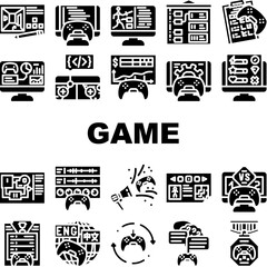 game development software icons set vector. computer screen, industry technology, office people, young code, program developer game development software glyph pictogram Illustrations