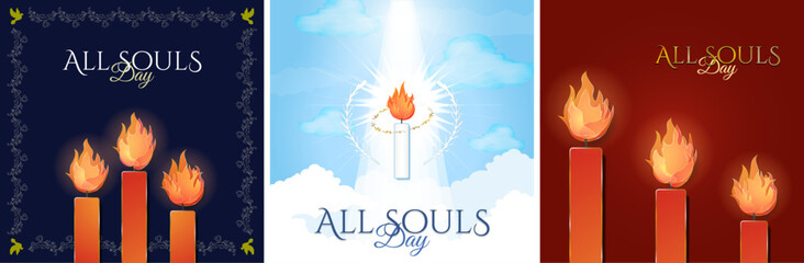 Wall Mural - All Souls' Day Artworks. Red and gold candles. November 2. Decorative Candle with burning flame in sky. Vector Illustration