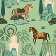 Horses, palm trees and architecture seamless pattern.  Oriental vintage wallpaper.