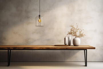 Wall Mural - Minimalistic modern wooden table in living room with nature light.