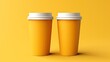  two cups of coffee on a yellow background with a shadow.  generative ai