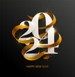 New Years 2024. Greeting card with date and golden ribbon on black background. Festive lettering design.	