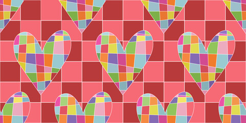 Poster - Mosaic hearts, colored square mosaic rectangles. Background of casual hearts. For print and seamless surfaces, packaging, textiles, notebooks, cups, pillows.