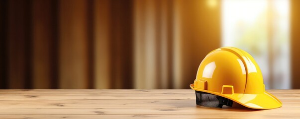 Construction Helmet On Wooden Table. Сoncept Construction Safety, Workplace Gear, Protective Equipment, Wooden Table Decor, Industrial Aesthetics