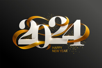 Wall Mural - Happy New Years 2024. Greeting card design with date and ribbon on black background..