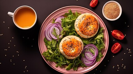  a pink plate topped with two burgers next to a cup of tea.  generative ai