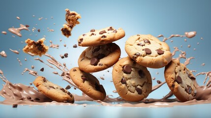  a pile of cookies falling into a puddle of chocolate chips.  generative ai