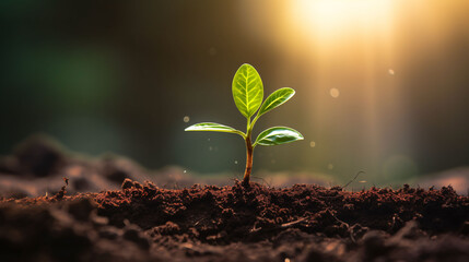 Close-up young plant growing in the soil concept save nature or agriculture on soft green tree background.