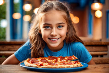 Girl eating pizza at cafe, unhealthy food, blue t-shirt. Generative Ai.